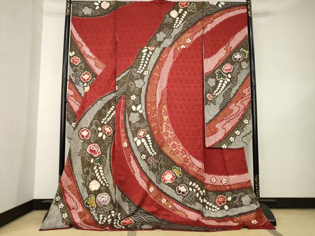 平和屋着物●豪華振袖　絞り　駒刺繍　流水花文　ロング丈　正絹　逸品　AABL5525ck
