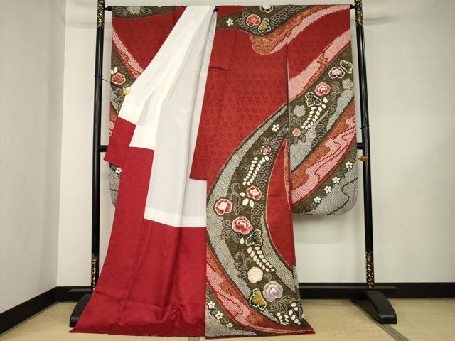 平和屋着物●豪華振袖　絞り　駒刺繍　流水花文　ロング丈　正絹　逸品　AABL5525ck