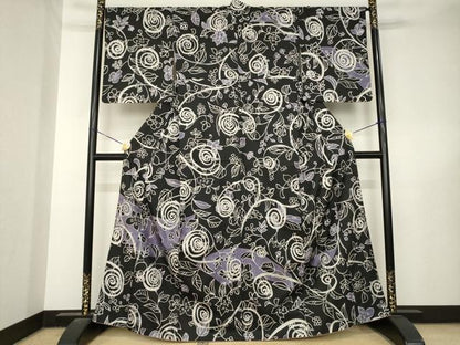 平和屋着物●本場大島紬　染大島　訪問着　花唐草文　黒地　正絹　逸品　AABL5527ck
