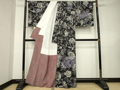 平和屋着物●本場大島紬　染大島　訪問着　花唐草文　黒地　正絹　逸品　AABL5527ck