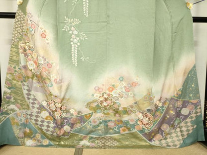 平和屋着物●訪問着　駒刺繍　雪輪花文　暈し染め　金彩　正絹　逸品　AABL5534ck