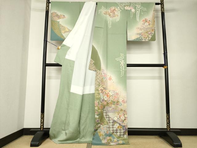 平和屋着物●訪問着　駒刺繍　雪輪花文　暈し染め　金彩　正絹　逸品　AABL5534ck