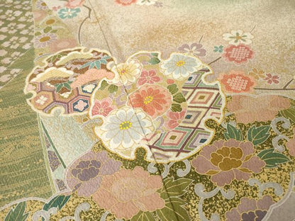 平和屋着物●訪問着　駒刺繍　雪輪花文　暈し染め　金彩　正絹　逸品　AABL5534ck