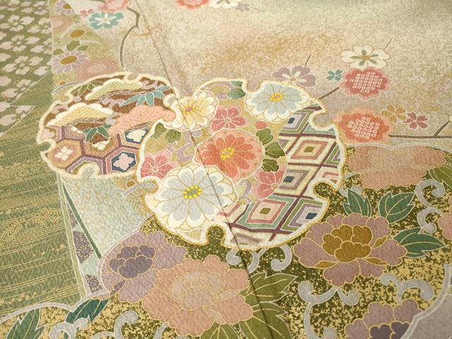 平和屋着物●訪問着　駒刺繍　雪輪花文　暈し染め　金彩　正絹　逸品　AABL5534ck