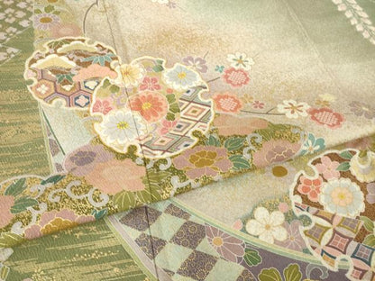 平和屋着物●訪問着　駒刺繍　雪輪花文　暈し染め　金彩　正絹　逸品　AABL5534ck