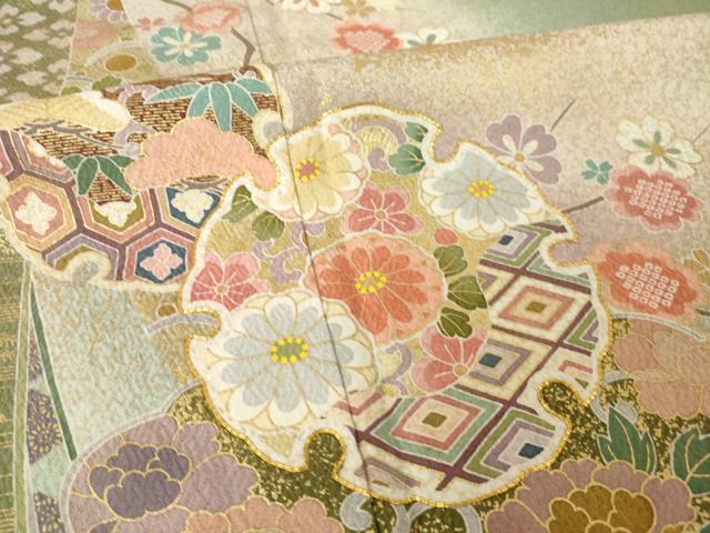 平和屋着物●訪問着　駒刺繍　雪輪花文　暈し染め　金彩　正絹　逸品　AABL5534ck