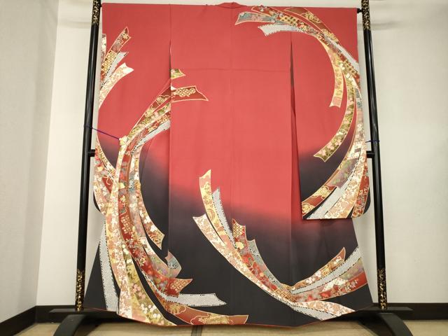 平和屋着物●豪華振袖　束ね熨斗花文　暈し染め　金彩　正絹　逸品　AABL5543ck