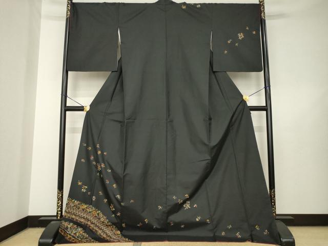 平和屋着物●本場縞大島紬　訪問着　総刺繍　草花文　黒地　ロング丈　正絹　逸品　AABL5567ck