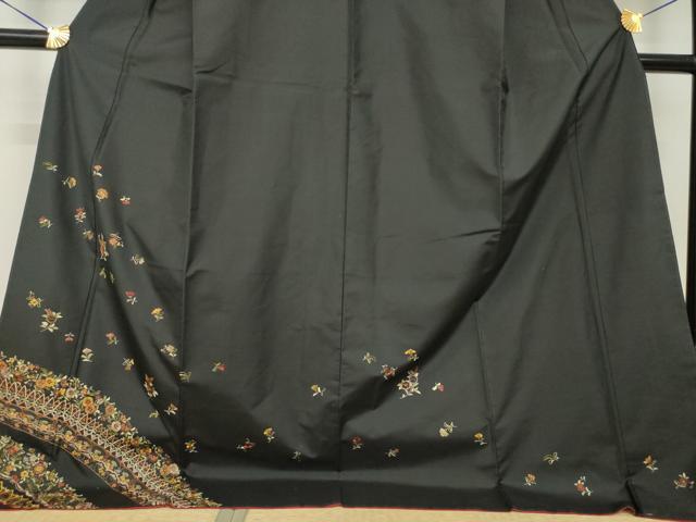 平和屋着物●本場縞大島紬　訪問着　総刺繍　草花文　黒地　ロング丈　正絹　逸品　AABL5567ck
