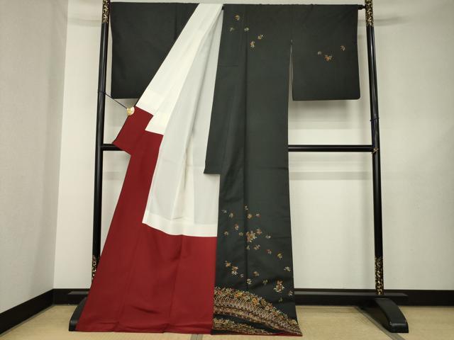 平和屋着物●本場縞大島紬　訪問着　総刺繍　草花文　黒地　ロング丈　正絹　逸品　AABL5567ck