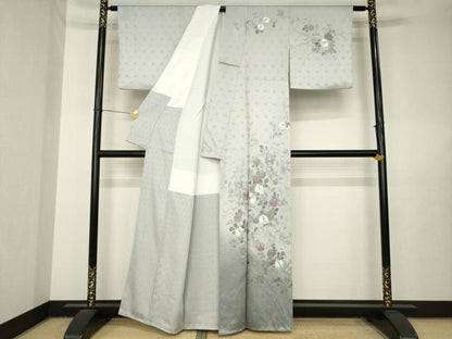 平和屋着物●訪問着　総刺繍　翠山刺繍　草花文　暈し染め　正絹　逸品　AABL5595ck
