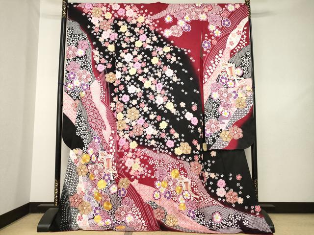 平和屋着物●豪華振袖　駒刺繍　御所車舞花文　暈し染め　ロング丈　正絹　逸品　AABL5613ck