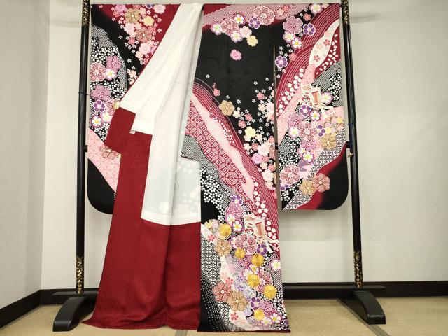平和屋着物●豪華振袖　駒刺繍　御所車舞花文　暈し染め　ロング丈　正絹　逸品　AABL5613ck
