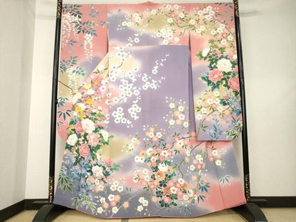 平和屋着物●豪華振袖　友禅　作家物　草花文　暈し染め　正絹　逸品　AABL5621ck