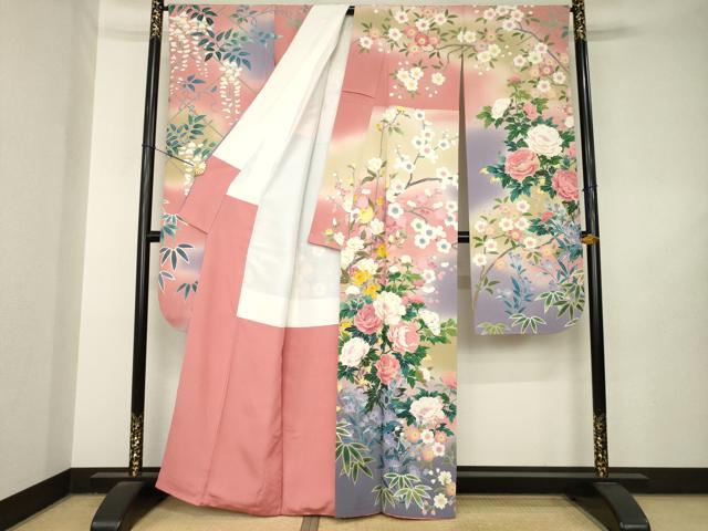 平和屋着物●豪華振袖　友禅　作家物　草花文　暈し染め　正絹　逸品　AABL5621ck