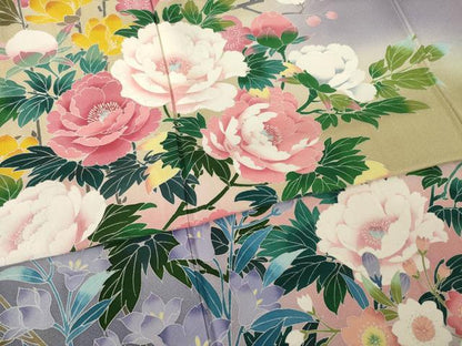 平和屋着物●豪華振袖　友禅　作家物　草花文　暈し染め　正絹　逸品　AABL5621ck