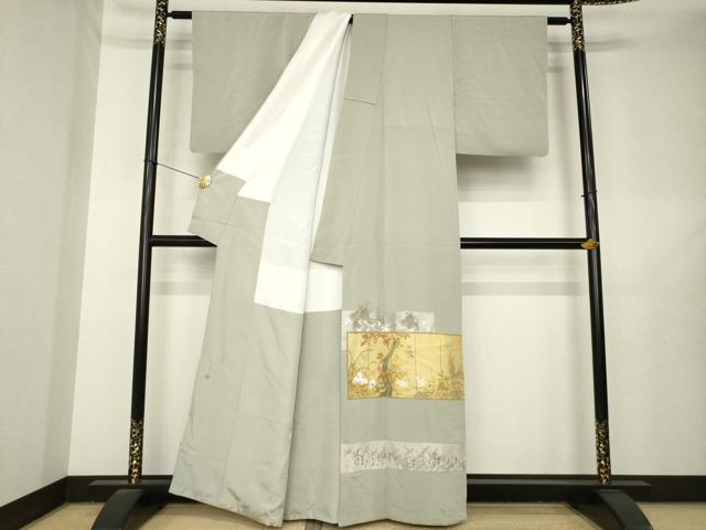 平和屋着物●松尾光琳　色留袖　乾山四季花鳥図　金銀彩　鬼しぼ縮緬　正絹　逸品　AABL5638ck