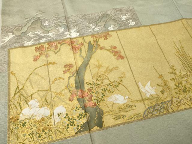 平和屋着物●松尾光琳　色留袖　乾山四季花鳥図　金銀彩　鬼しぼ縮緬　正絹　逸品　AABL5638ck