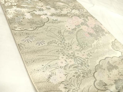 平和屋着物◎六通柄袋帯　唐織　雲取り草花文　プラチナ通し二重箔　正絹　逸品　AABL5644yx