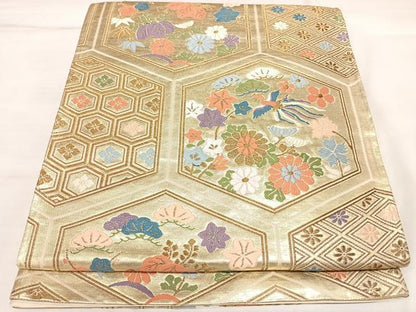 平和屋着物◎六通柄袋帯　唐織　亀甲鳳凰花文　金糸　正絹　逸品　AABL5647yx