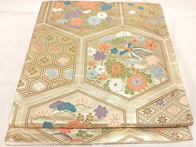 平和屋着物◎六通柄袋帯　唐織　亀甲鳳凰花文　金糸　正絹　逸品　AABL5647yx