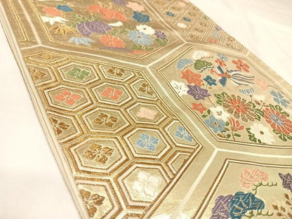 平和屋着物◎六通柄袋帯　唐織　亀甲鳳凰花文　金糸　正絹　逸品　AABL5647yx
