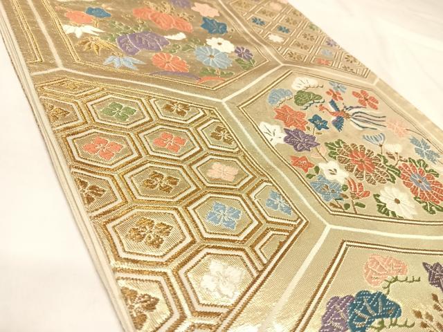 平和屋着物◎六通柄袋帯　唐織　亀甲鳳凰花文　金糸　正絹　逸品　AABL5647yx