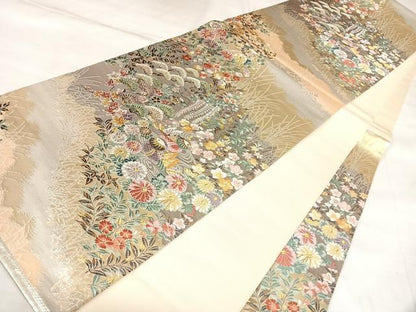平和屋着物◎六通柄袋帯　唐織　小花鴛鴦華文　金銀糸　正絹　逸品　AABL5648yx