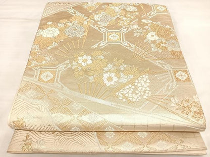 平和屋着物◎全通柄袋帯　唐織　扇面草花文　金銀糸　正絹　逸品　AABL5651yx