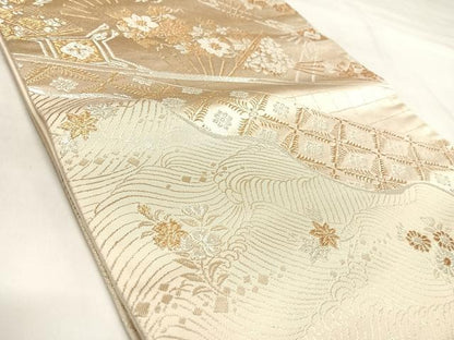 平和屋着物◎全通柄袋帯　唐織　扇面草花文　金銀糸　正絹　逸品　AABL5651yx