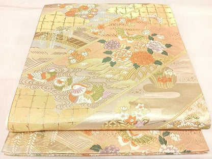 平和屋着物◎六通柄袋帯　唐織　鴛鴦花蝶文　金銀糸　正絹　逸品　AABL5662yx