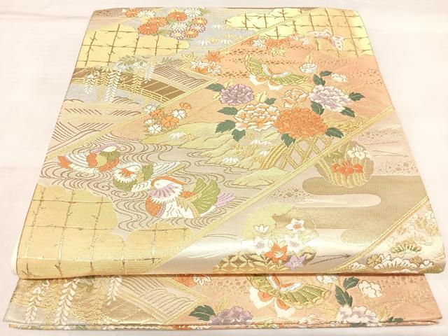 平和屋着物◎六通柄袋帯　唐織　鴛鴦花蝶文　金銀糸　正絹　逸品　AABL5662yx
