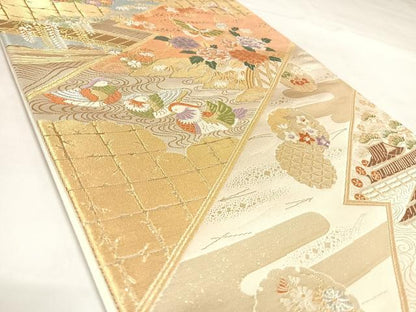 平和屋着物◎六通柄袋帯　唐織　鴛鴦花蝶文　金銀糸　正絹　逸品　AABL5662yx