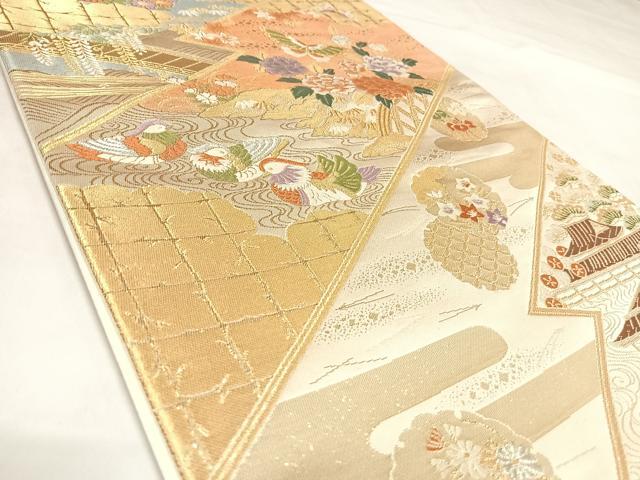 平和屋着物◎六通柄袋帯　唐織　鴛鴦花蝶文　金銀糸　正絹　逸品　AABL5662yx