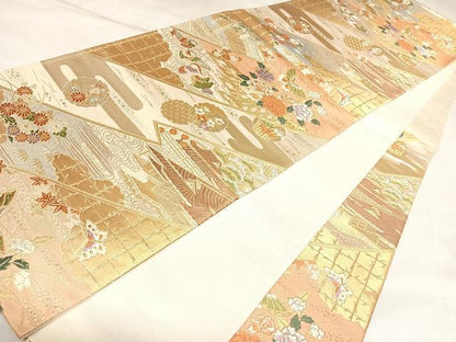 平和屋着物◎六通柄袋帯　唐織　鴛鴦花蝶文　金銀糸　正絹　逸品　AABL5662yx