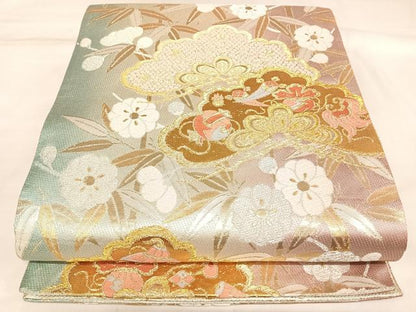 平和屋着物◎両面　六通柄袋帯　唐織　梅松文　金銀糸　正絹　逸品　AABL5666yx