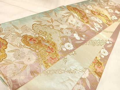 平和屋着物◎両面　六通柄袋帯　唐織　梅松文　金銀糸　正絹　逸品　AABL5666yx