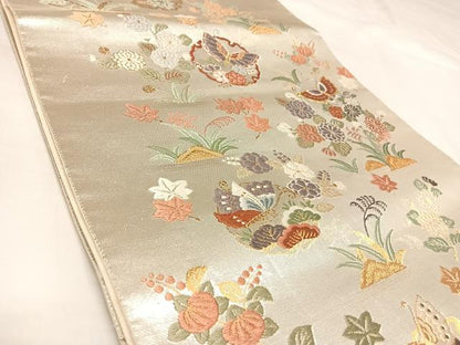 平和屋着物◎六通柄袋帯　唐織　雪輪花蝶文　金銀糸　正絹　逸品　AABL5667yx