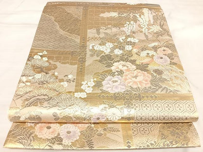 平和屋着物◎六通柄袋帯　花鳥文　プラチナ二重箔　正絹　逸品　AABL5671yx