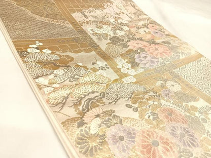 平和屋着物◎六通柄袋帯　花鳥文　プラチナ二重箔　正絹　逸品　AABL5671yx