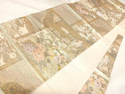 平和屋着物◎六通柄袋帯　花鳥文　プラチナ二重箔　正絹　逸品　AABL5671yx