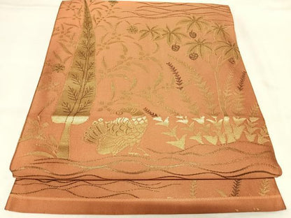 平和屋着物◎六通柄　本袋帯　孔雀草花文　金糸　正絹　逸品　AABL5676yx