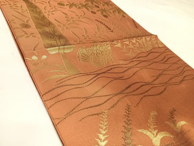 平和屋着物◎六通柄　本袋帯　孔雀草花文　金糸　正絹　逸品　AABL5676yx
