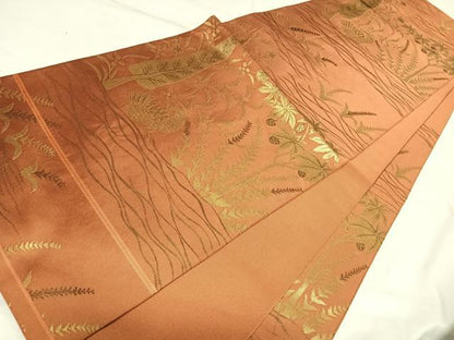 平和屋着物◎六通柄　本袋帯　孔雀草花文　金糸　正絹　逸品　AABL5676yx