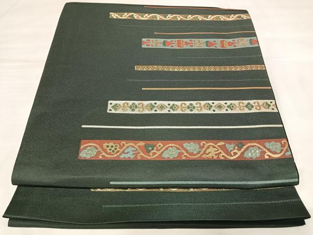 平和屋着物◎六通柄　京袋帯　唐織　横段更紗花文　金糸　正絹　逸品　AABL5687yx