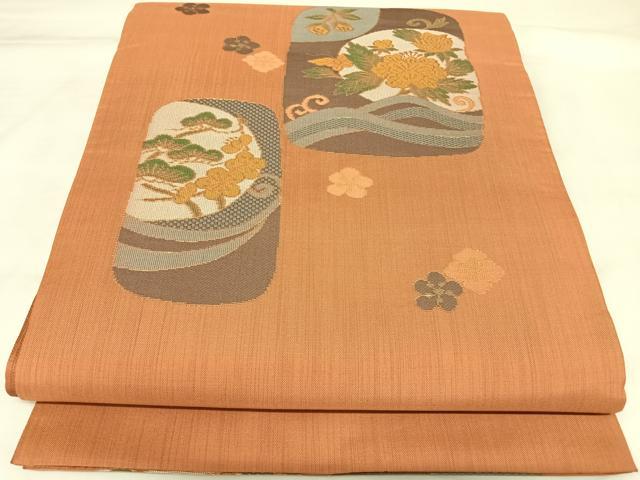 平和屋着物◎六通柄袋帯　色紙花蝶文　金糸　正絹　逸品　AABL5689yx