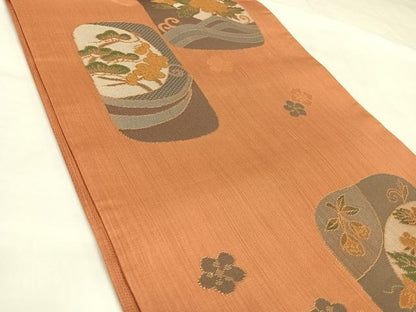 平和屋着物◎六通柄袋帯　色紙花蝶文　金糸　正絹　逸品　AABL5689yx