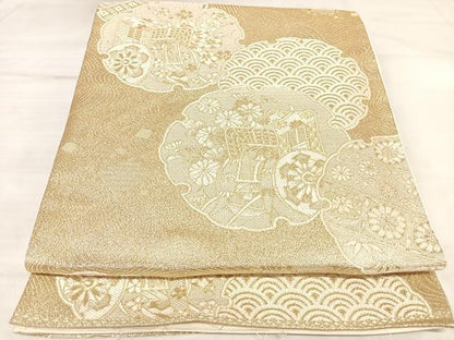 平和屋着物◎佐賀つづれ織　六通柄袋帯　雪輪御所車花文　金糸　正絹　逸品　AABL5694yx