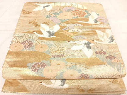 平和屋着物◎六通柄袋帯　唐織　飛鶴松梅草花文　金銀糸　正絹　逸品　AABL5697yx