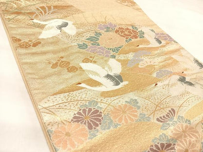 平和屋着物◎六通柄袋帯　唐織　飛鶴松梅草花文　金銀糸　正絹　逸品　AABL5697yx